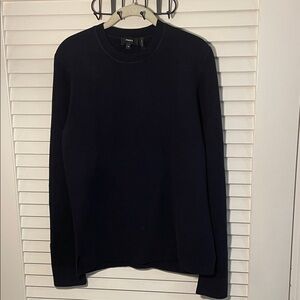 Theory Navy Crew Neck Tight Knit front and Ribbed Back Detail and Slit Sweater